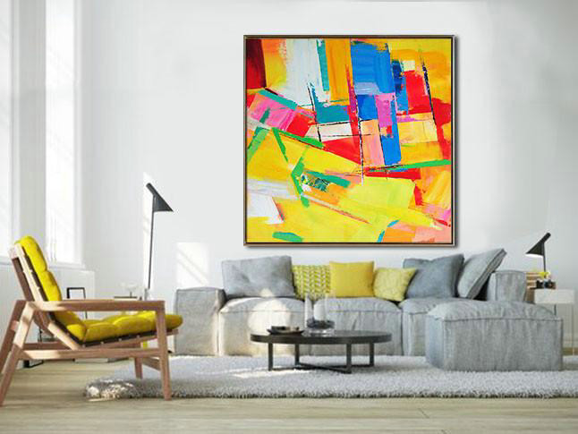 Abstract Painting Extra Large Canvas Art,Oversized Palette Knife Painting Contemporary Art On Canvas,Large Abstract Wall Art,Yellow,Red,Blue,Pink,Light Green.Etc